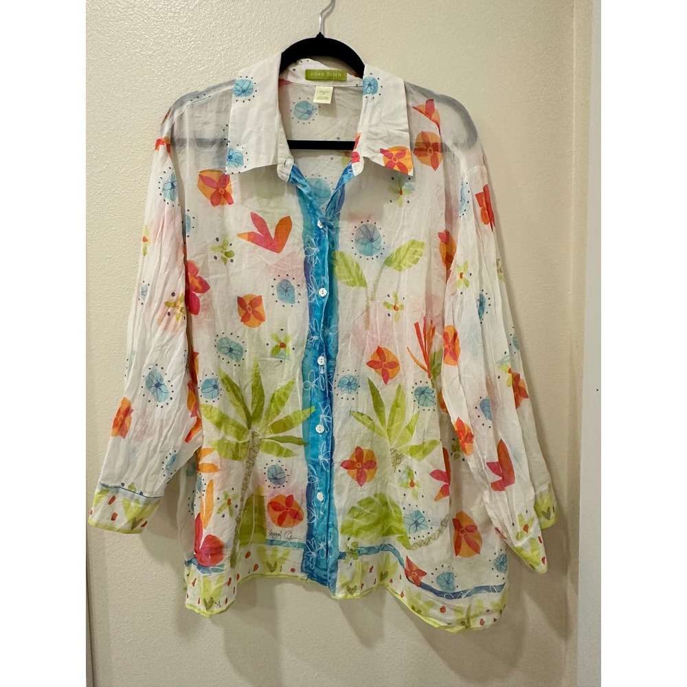 Sigrid Olsen Womens 3X Tropical Watercolor Cotton Gauze Button Down Shirt White